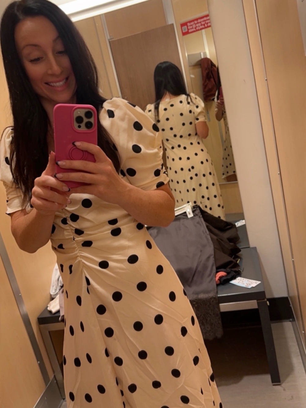 a new day Cream Midi Dress with Black Polka Dots and Ruched Front